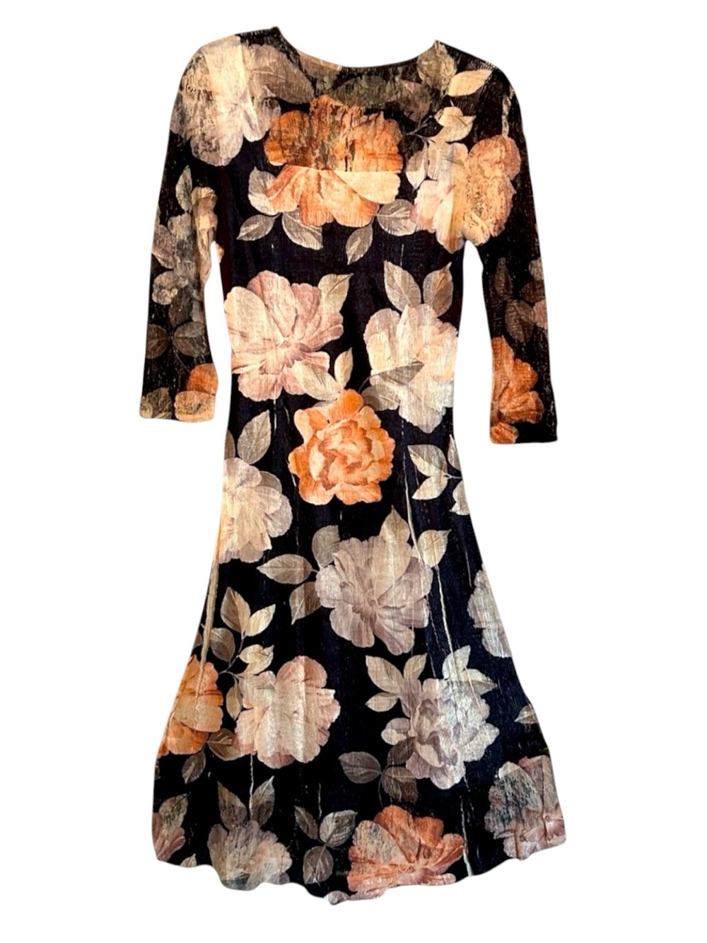 $338 Komarov Crinkle Midi Dress X Large XL Black Floral FLATTERING PACKABLE NWT
